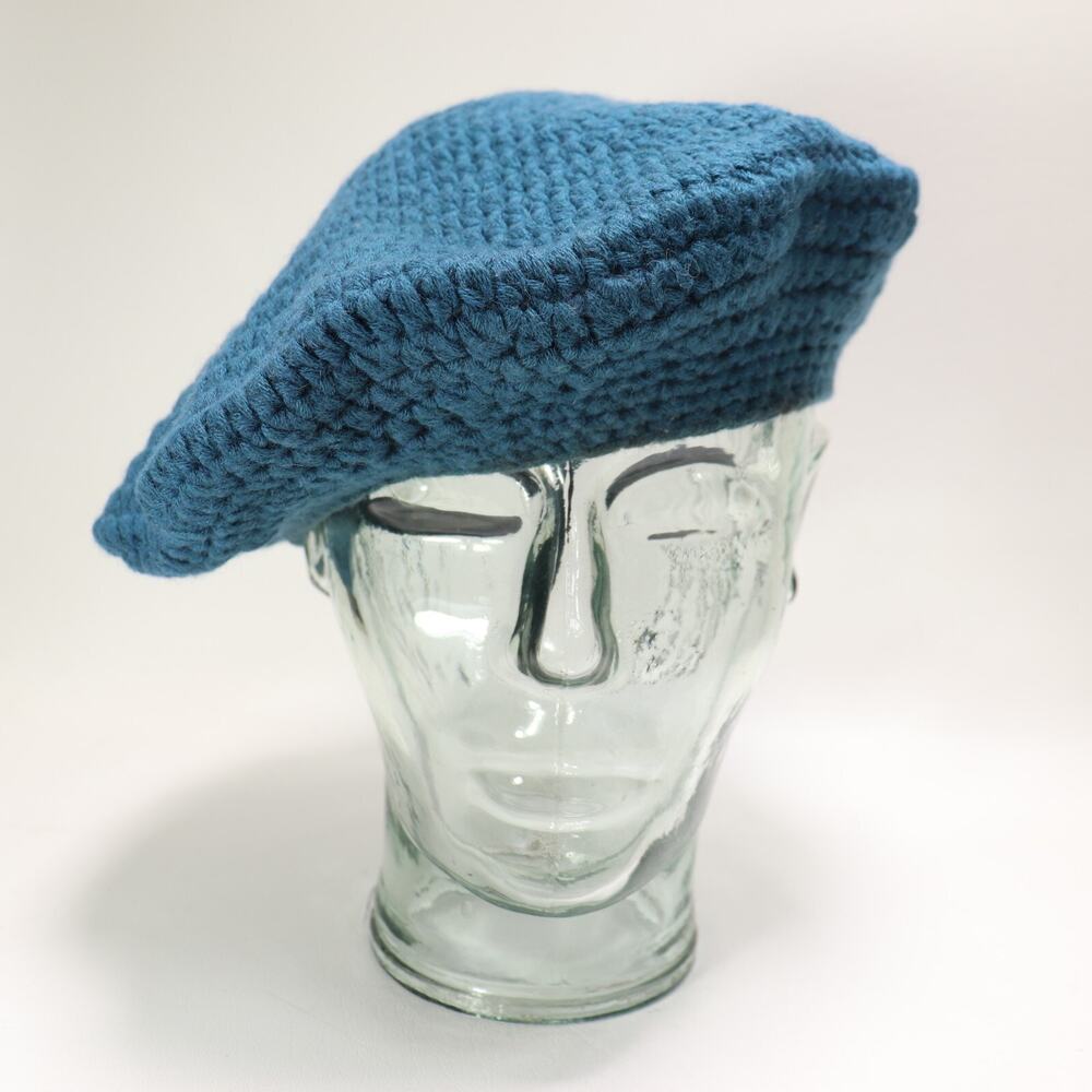 Vtg Handmade Crochet Beret Hat Women S M Teal Blue Stretch Cap Pullon